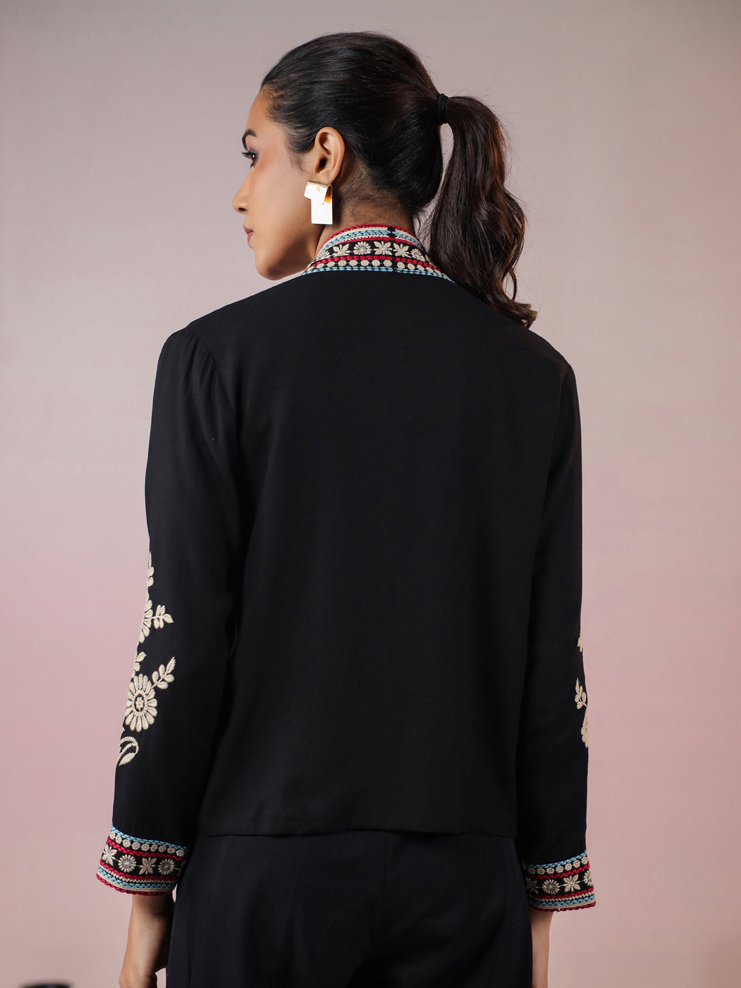 Black Rayon Floral Embroidered Jacket