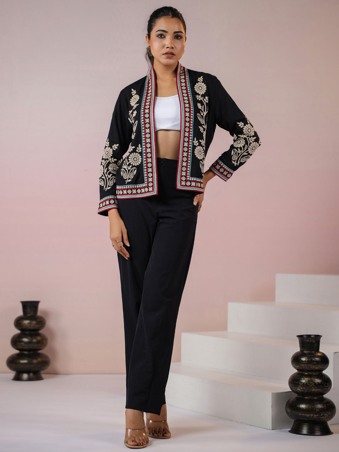 Black Rayon Floral Embroidered Jacket