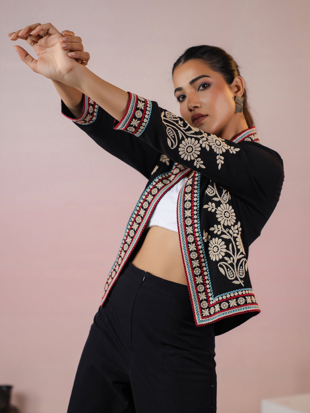 Black Rayon Floral Embroidered Jacket