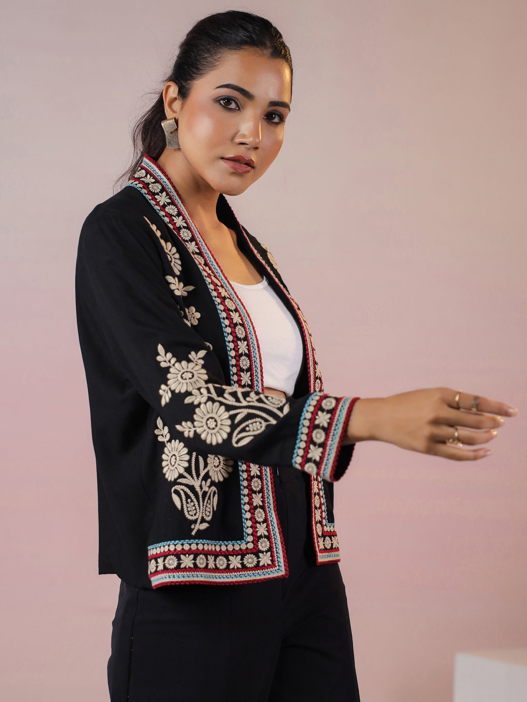 Black Rayon Floral Embroidered Jacket