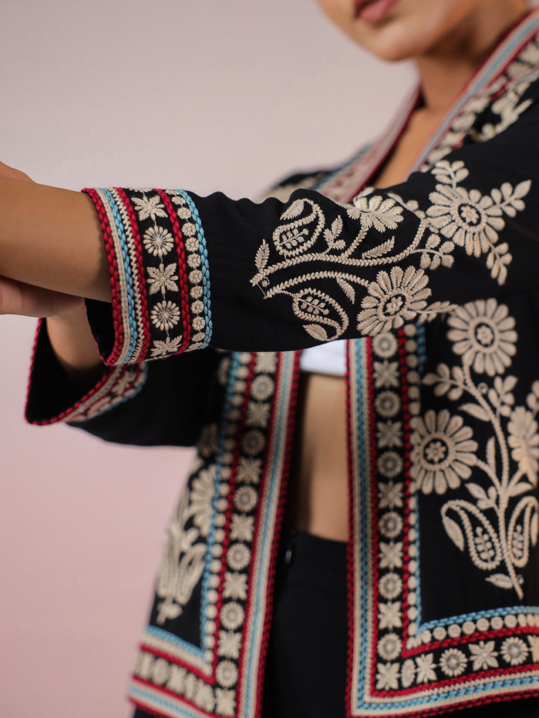 Black Rayon Floral Embroidered Jacket