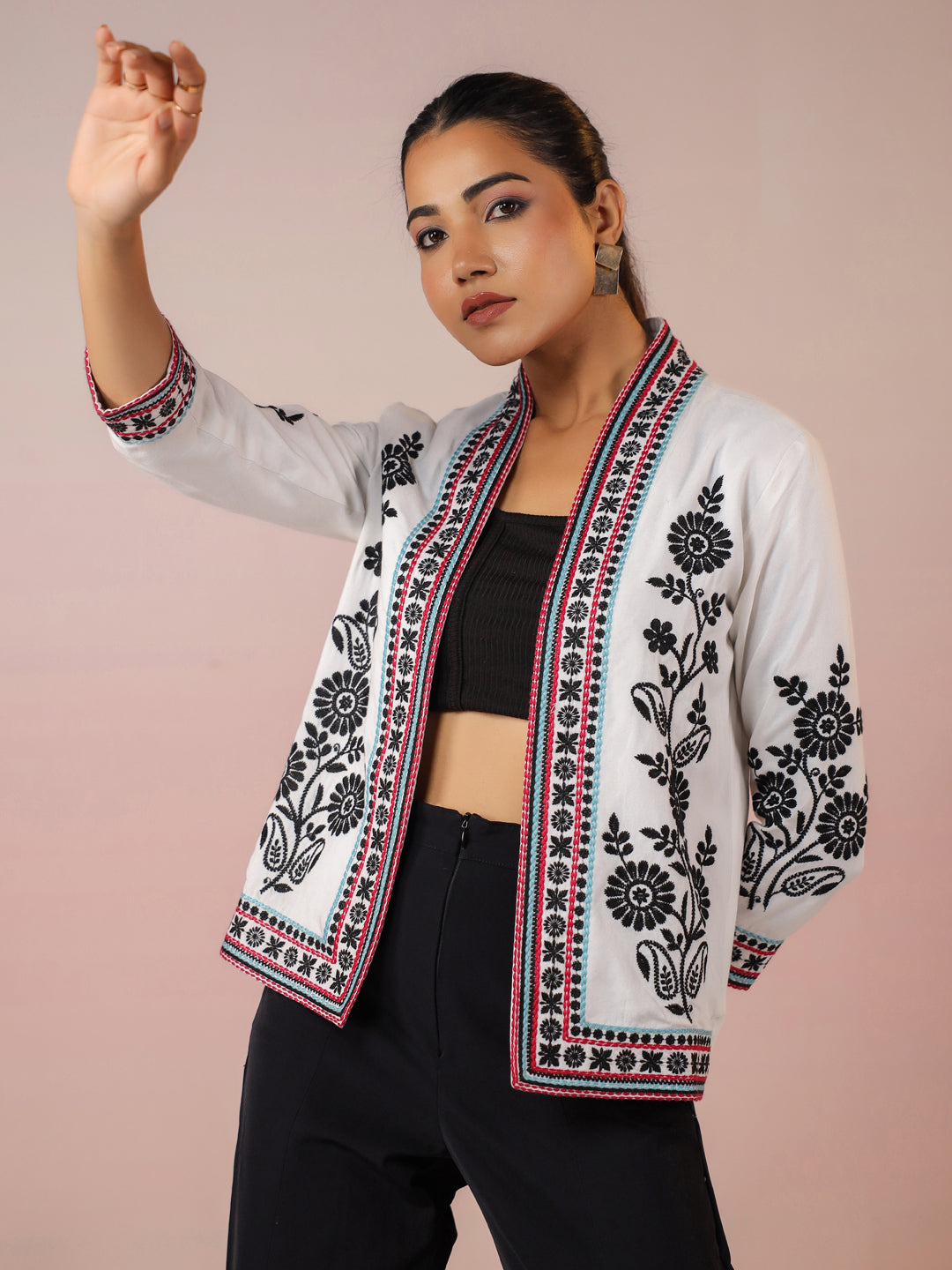 White Rayon Floral Embroidered Jacket