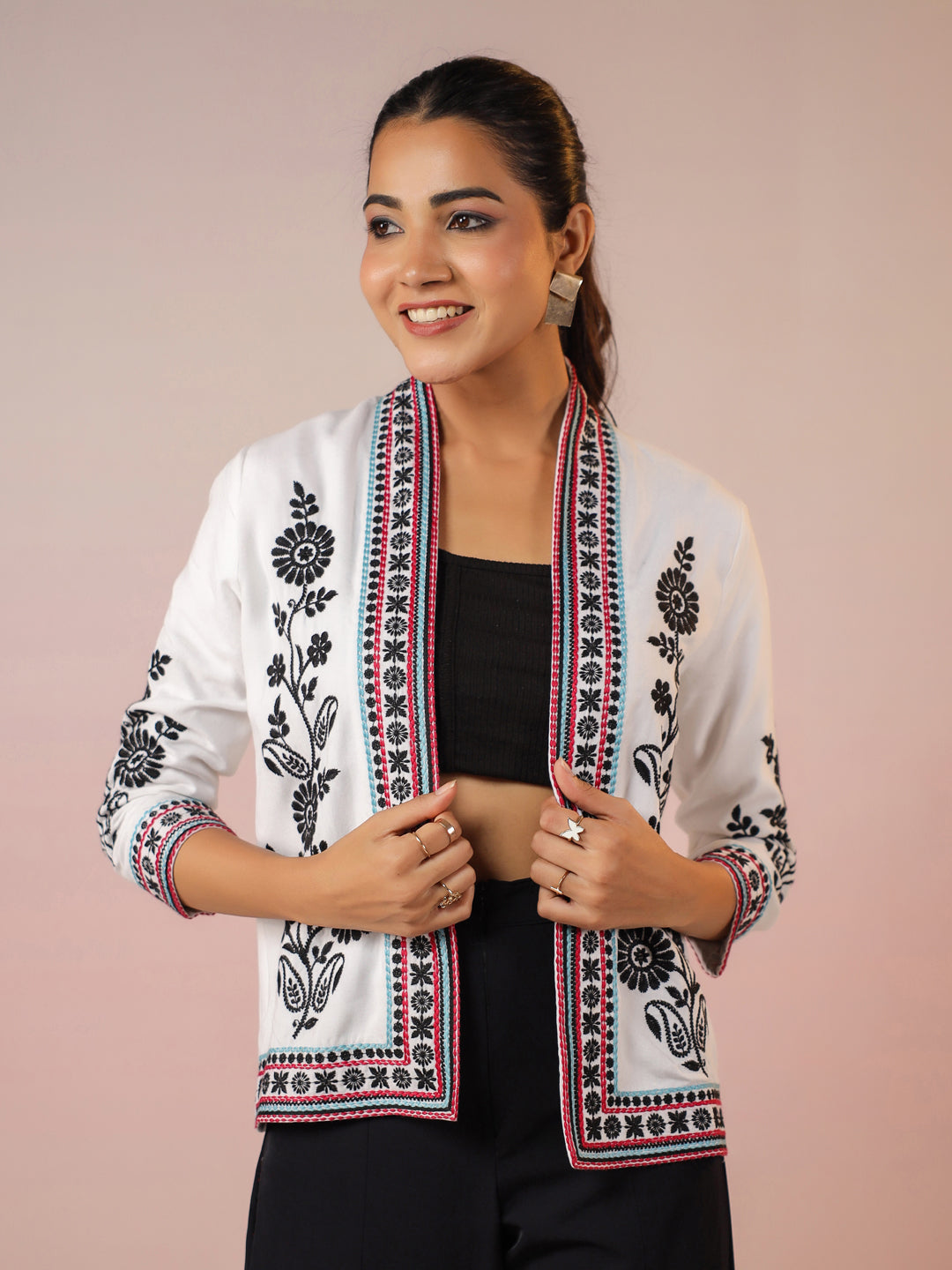 White Rayon Floral Embroidered Jacket