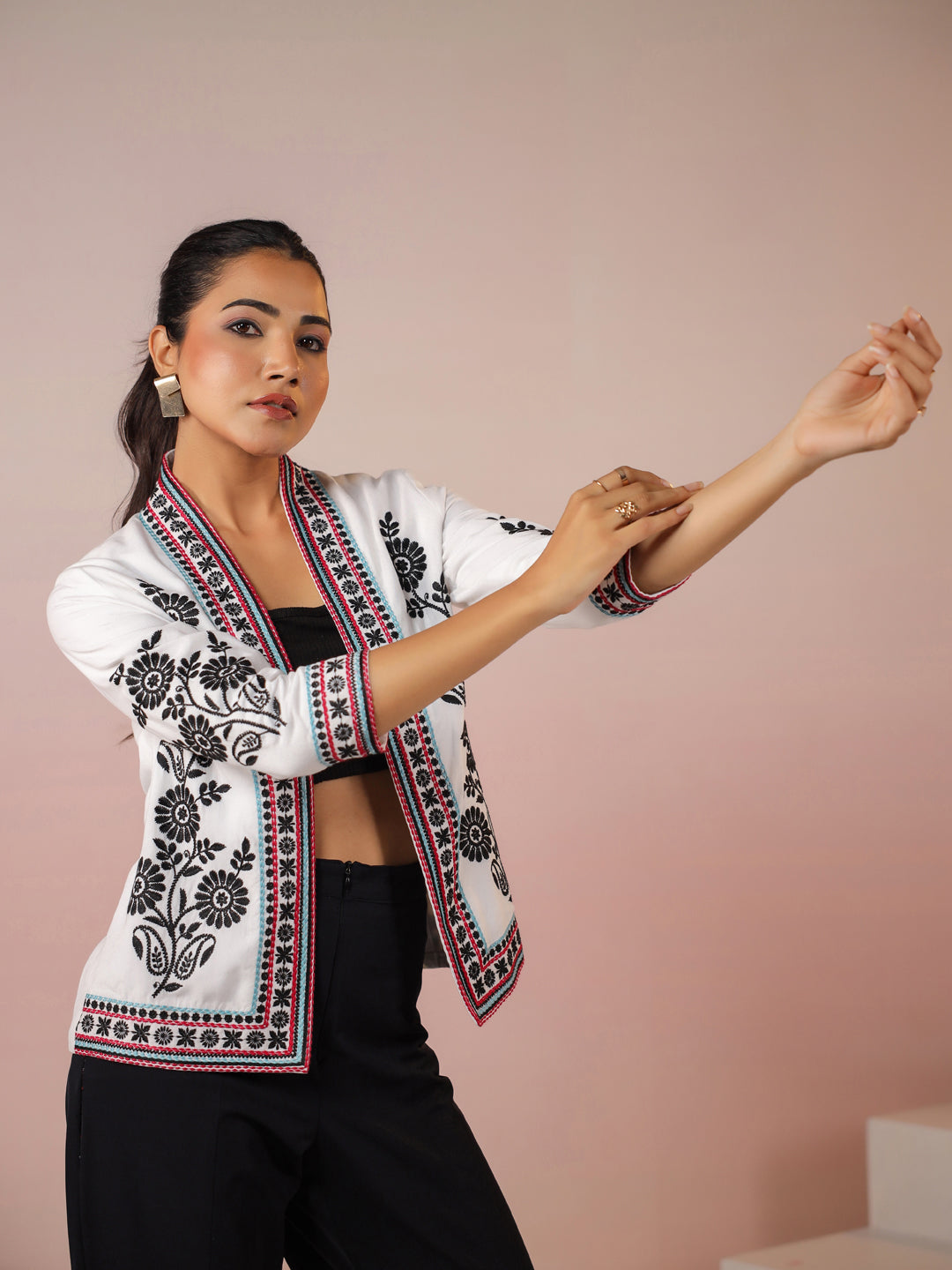 White Rayon Floral Embroidered Jacket
