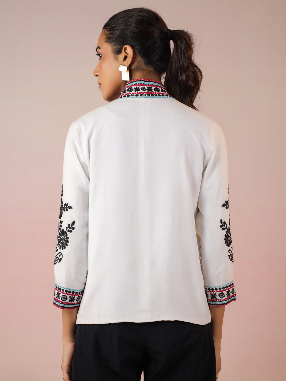 White Rayon Floral Embroidered Jacket
