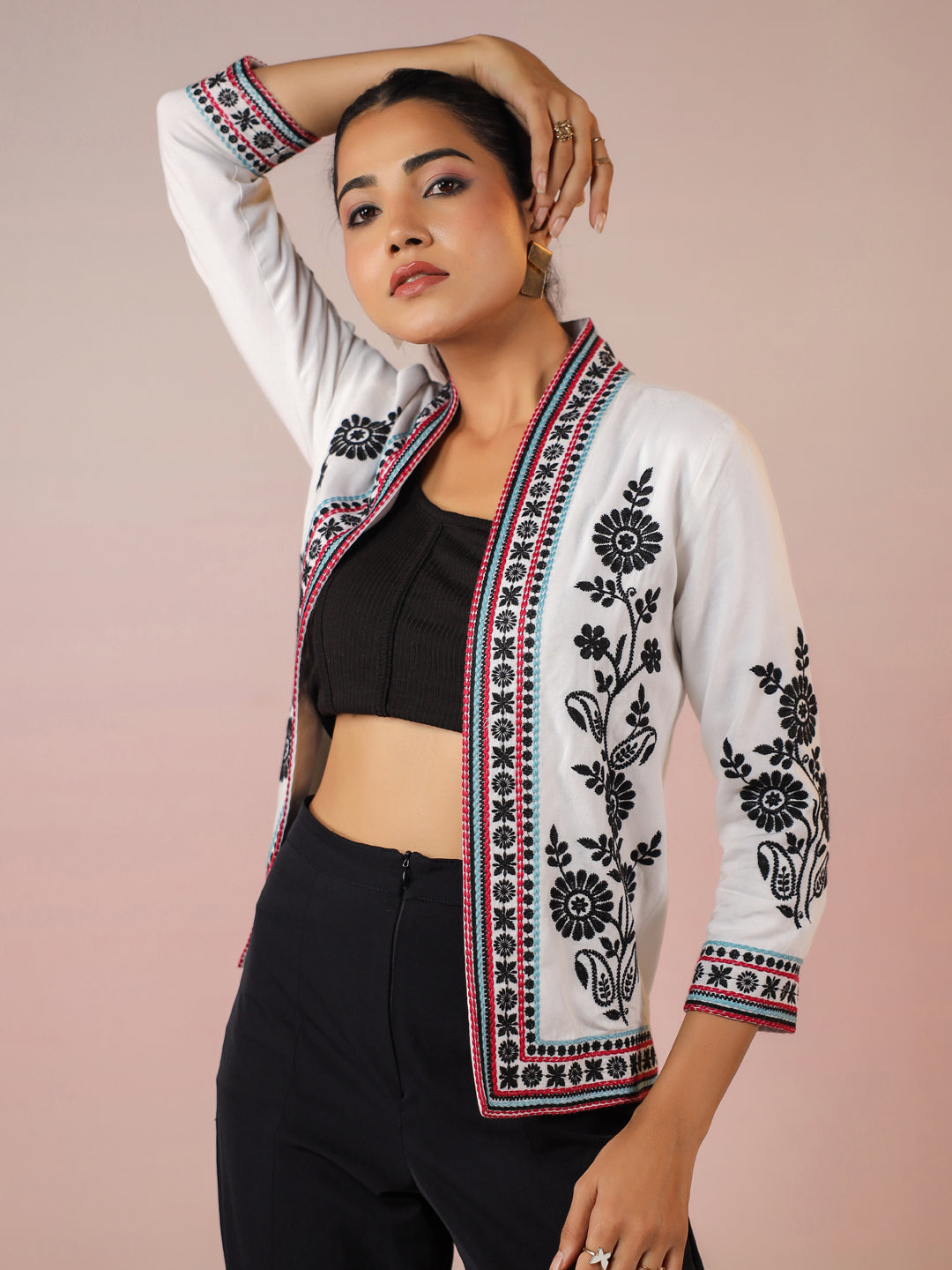 White Rayon Floral Embroidered Jacket