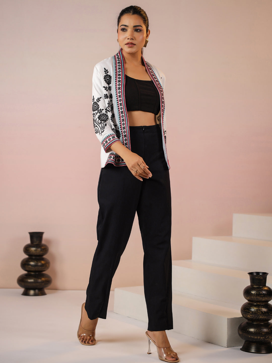 White Rayon Floral Embroidered Jacket