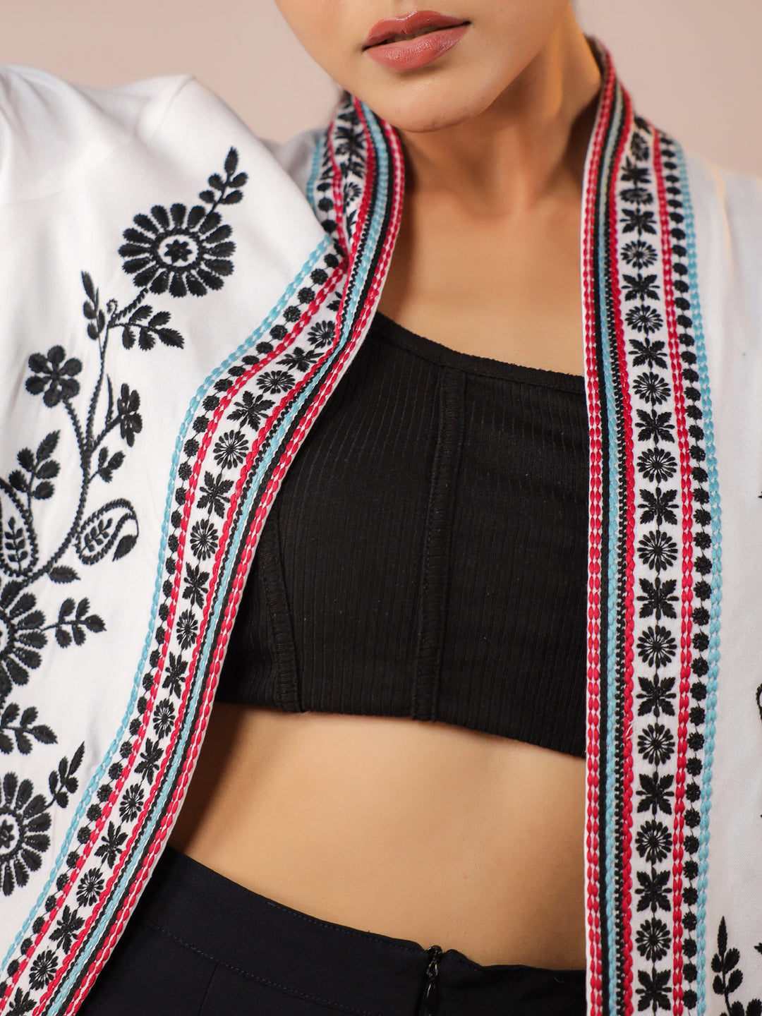 White Rayon Floral Embroidered Jacket