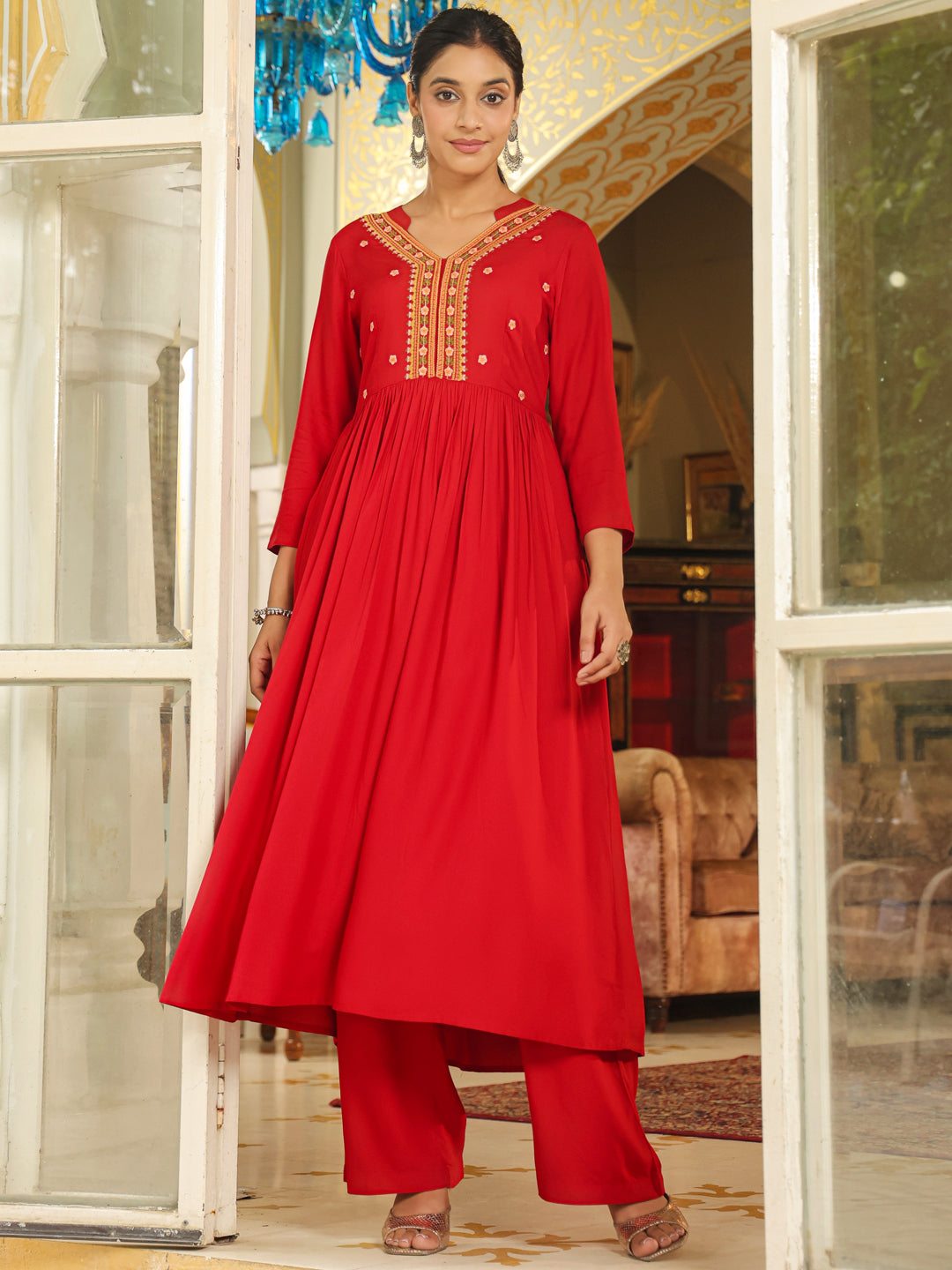 Maroon Rayon Embroidered A-Line Kurta Set