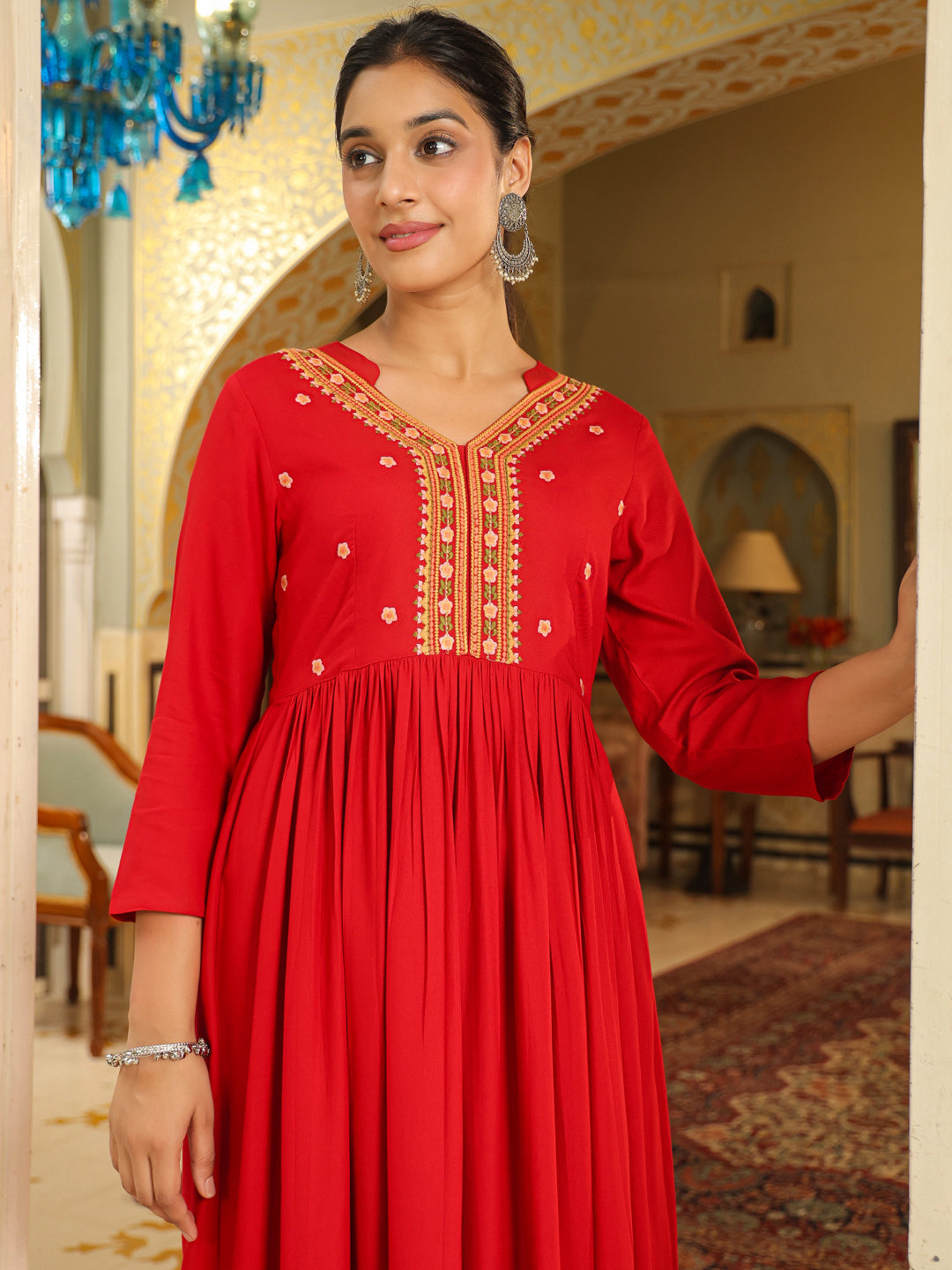 Maroon Rayon Embroidered A-Line Kurta Set