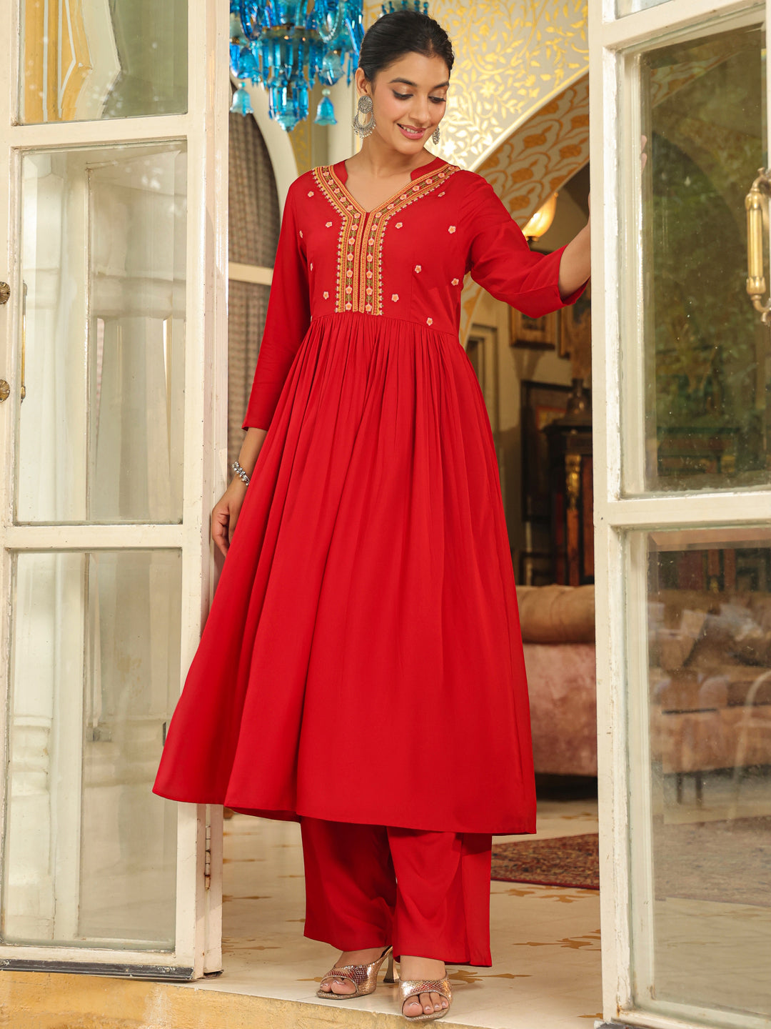 Maroon Rayon Embroidered A-Line Kurta Set
