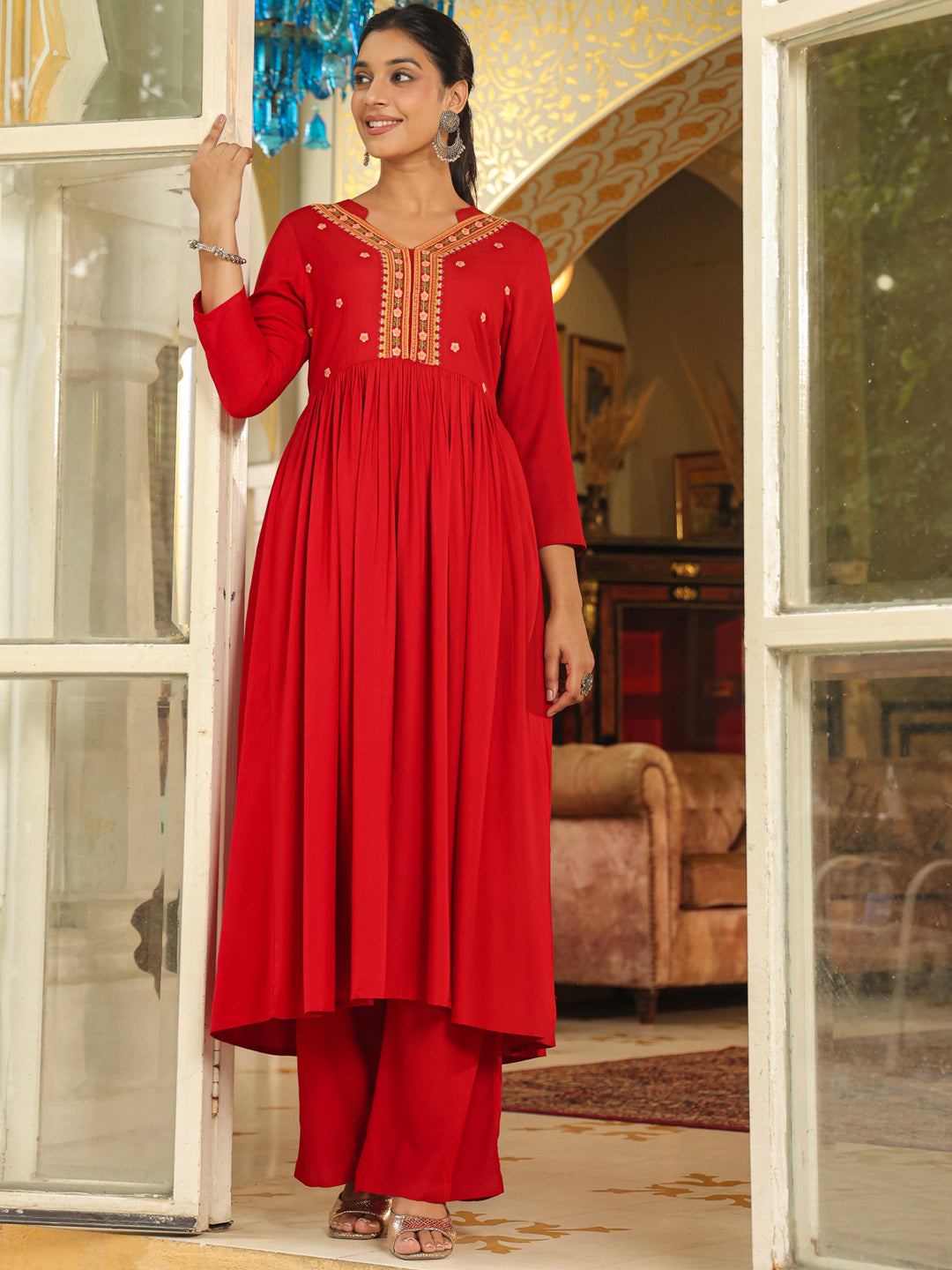 Maroon Rayon Embroidered A-Line Kurta Set
