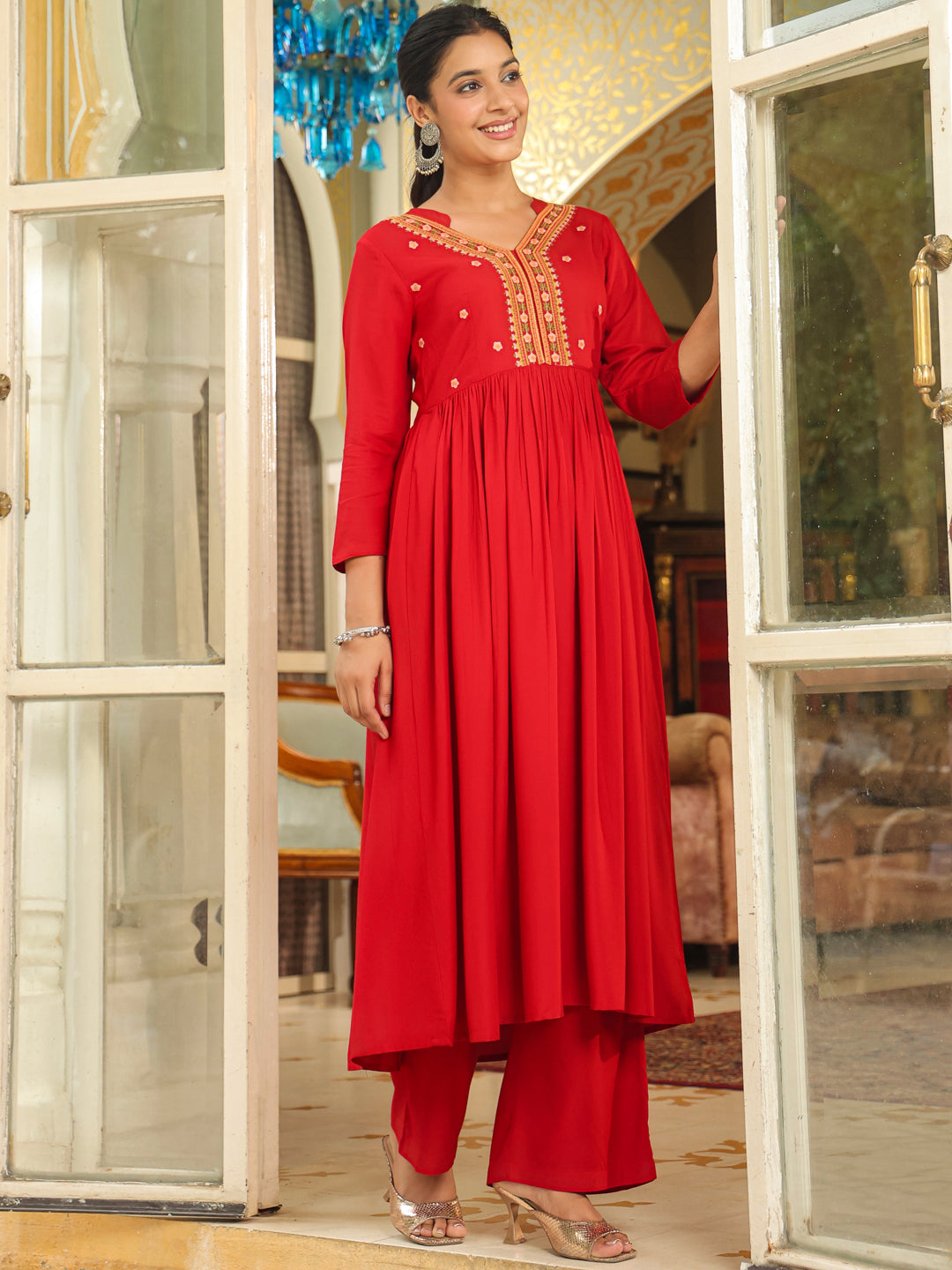 Maroon Rayon Embroidered A-Line Kurta Set