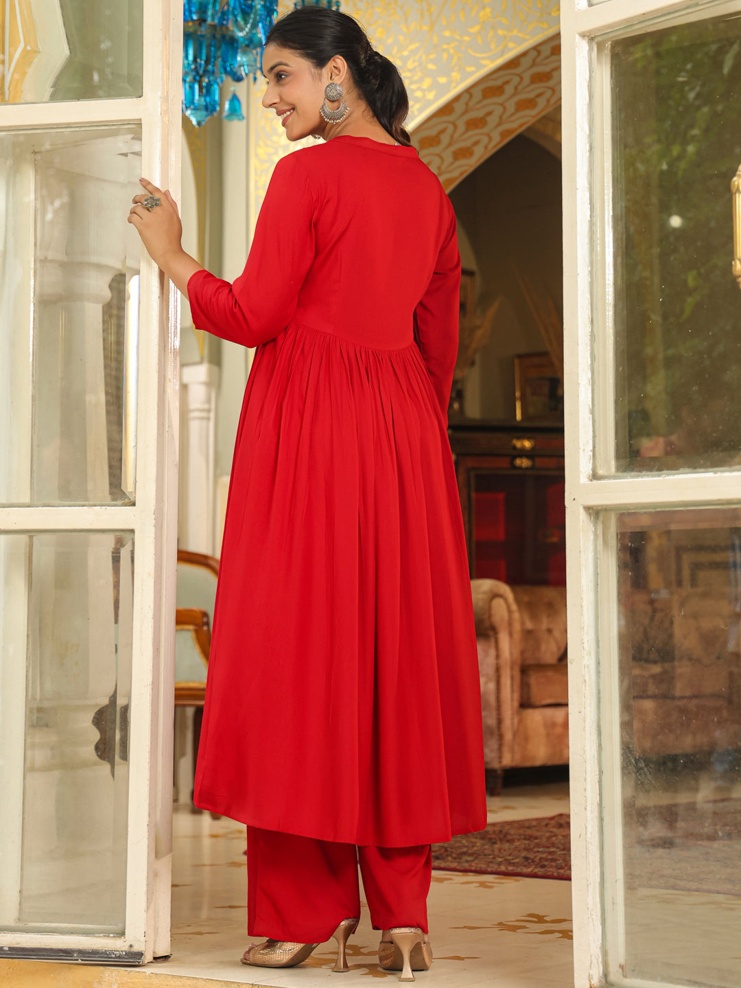 Maroon Rayon Embroidered A-Line Kurta Set