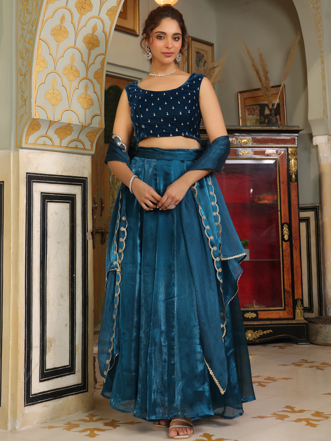 Teal Blue Organza Zari Embroidered Pleated Lehenga Choli Set