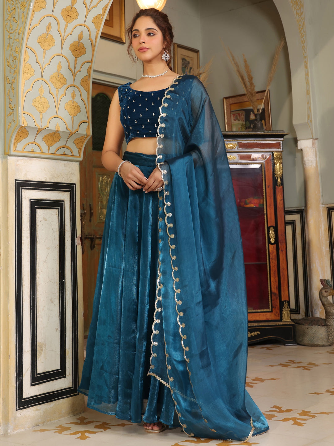 Teal Blue Organza Zari Embroidered Pleated Lehenga Choli Set