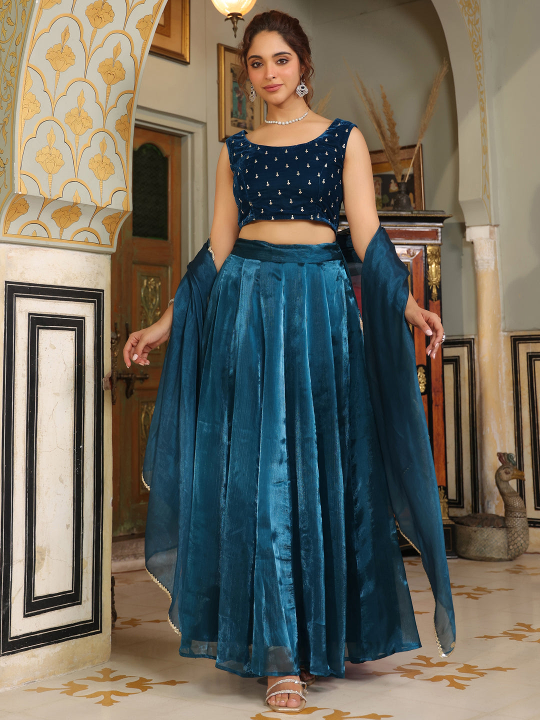 Teal Blue Organza Zari Embroidered Pleated Lehenga Choli Set