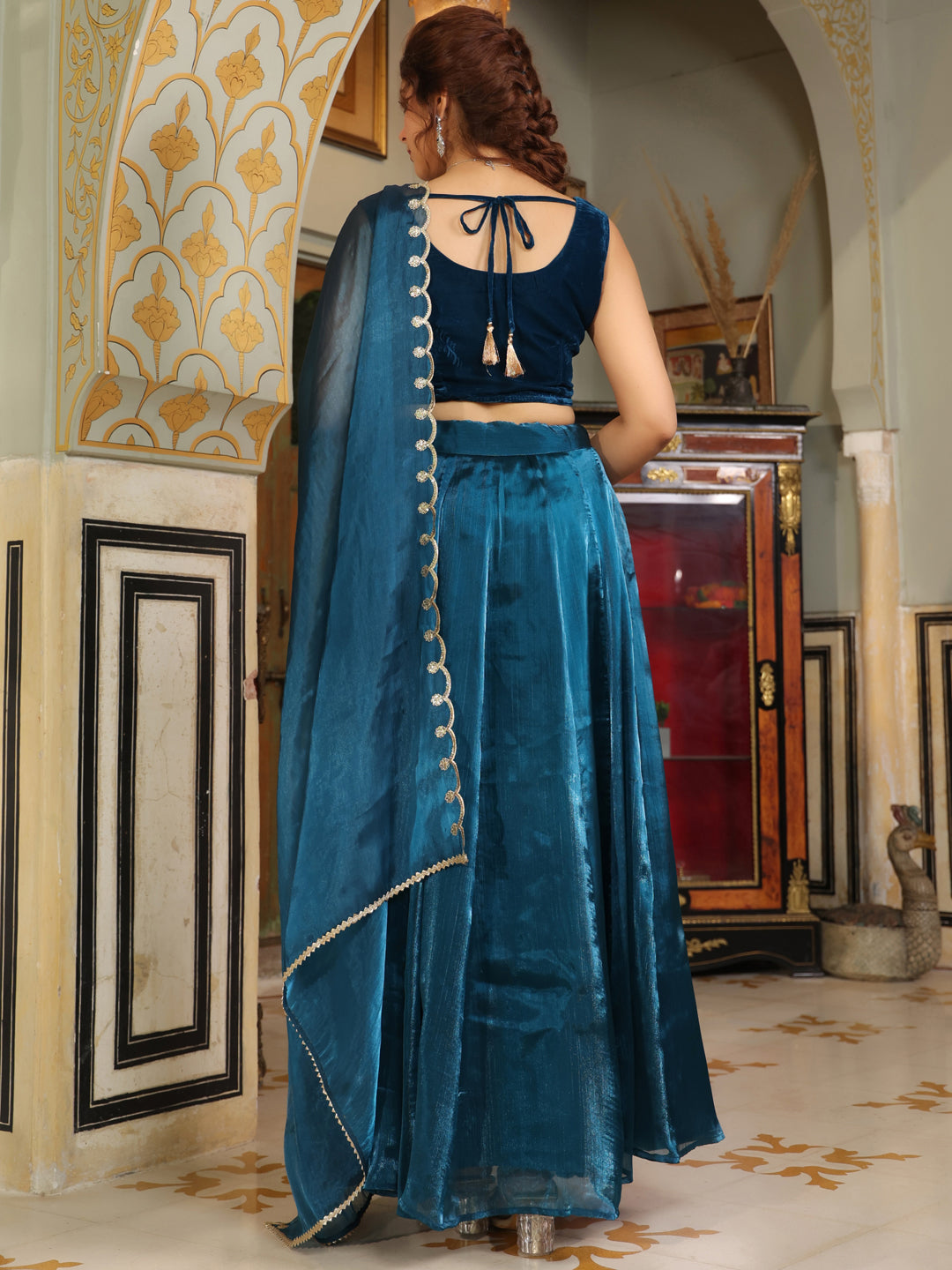 Teal Blue Organza Zari Embroidered Pleated Lehenga Choli Set