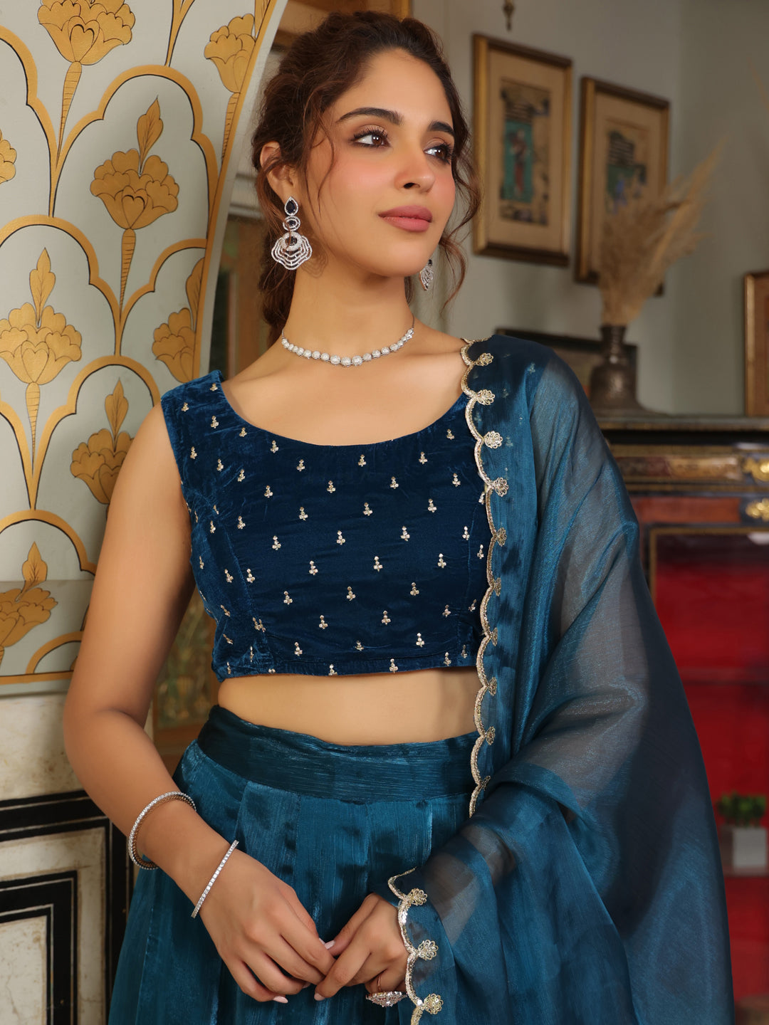 Teal Blue Organza Zari Embroidered Pleated Lehenga Choli Set