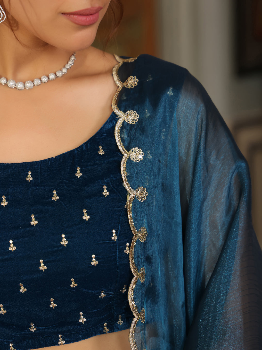Teal Blue Organza Zari Embroidered Pleated Lehenga Choli Set