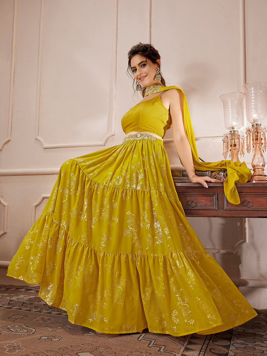 Yellow Georgette Embellished Foil Printed Tiered Lehenga Choli Set