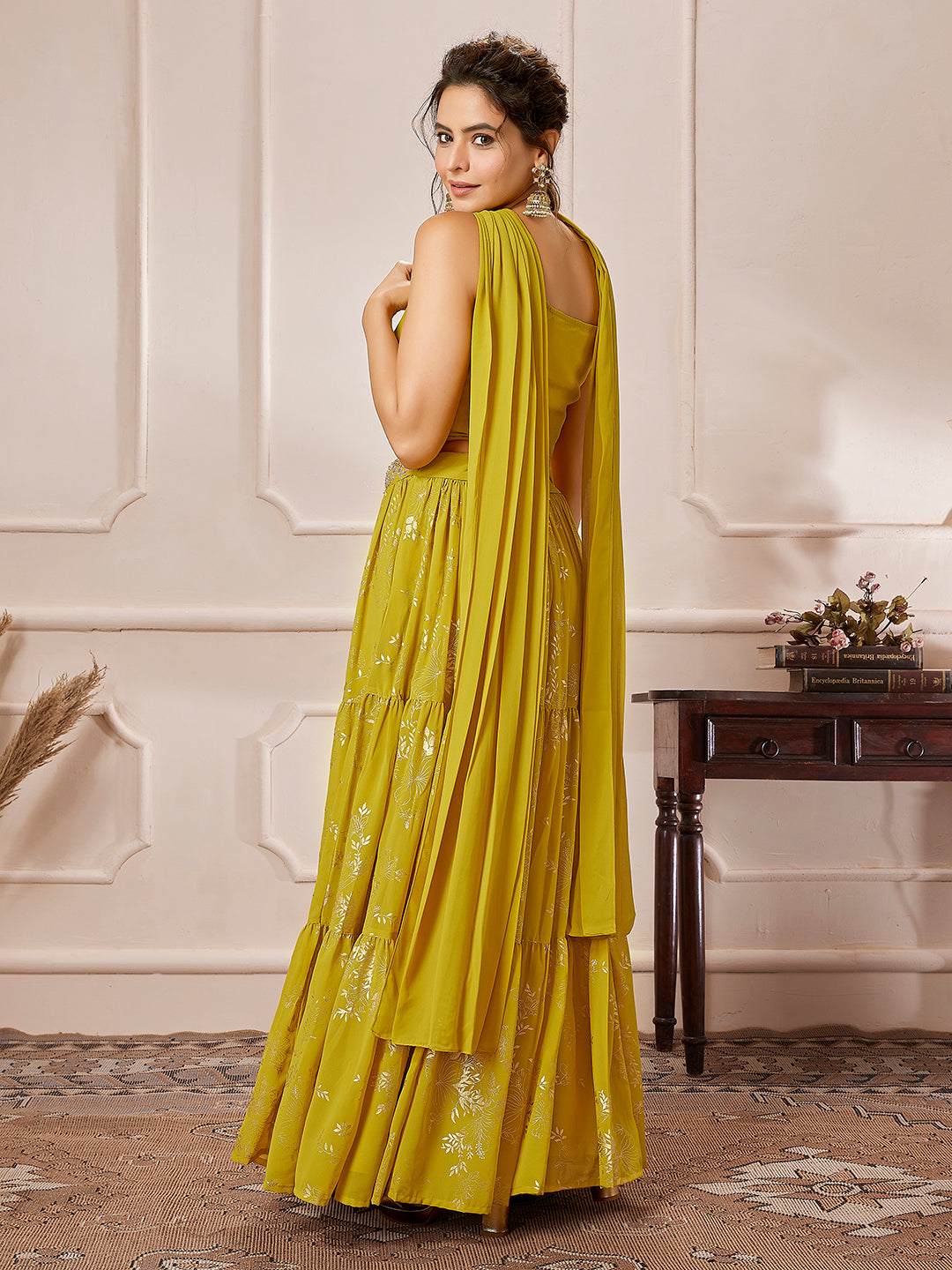 Yellow Georgette Embellished Foil Printed Tiered Lehenga Choli Set