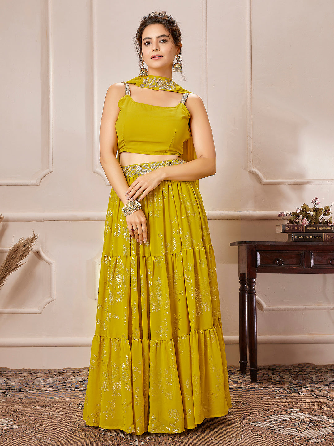 Yellow Georgette Embellished Foil Printed Tiered Lehenga Choli Set