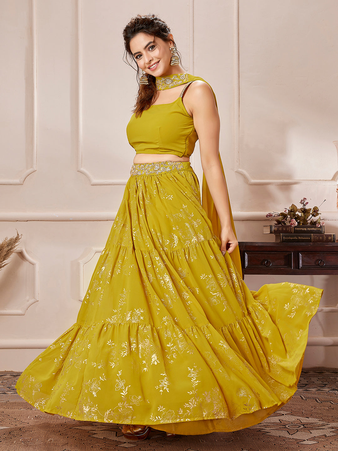 Yellow Georgette Embellished Foil Printed Tiered Lehenga Choli Set