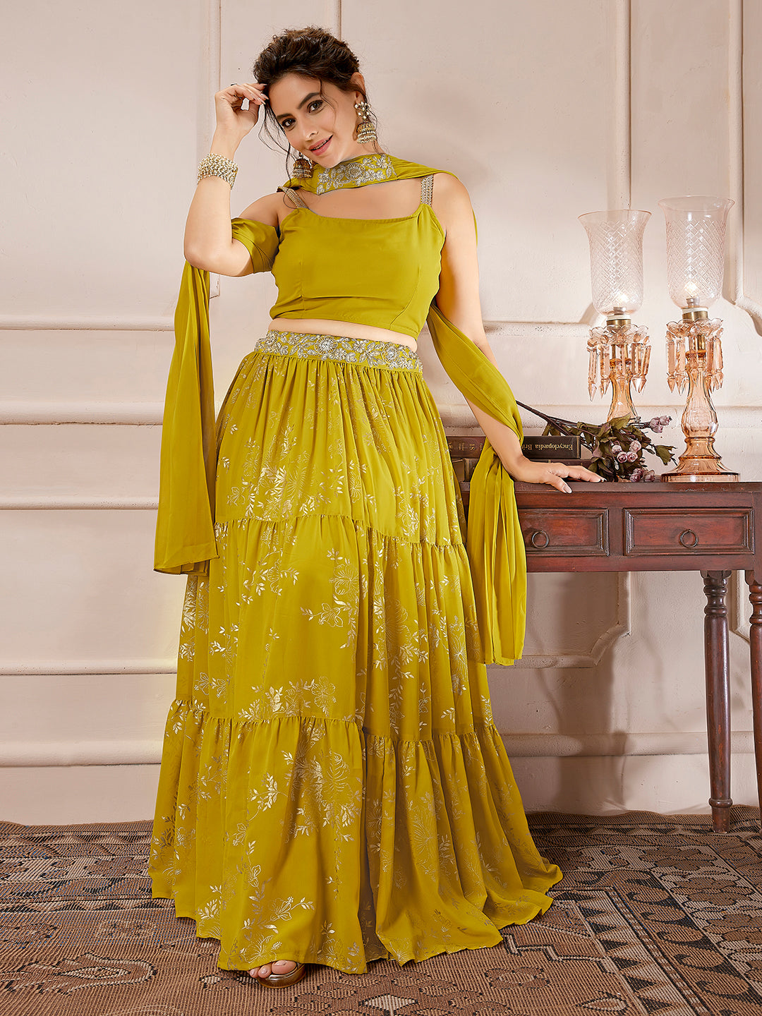 Yellow Georgette Embellished Foil Printed Tiered Lehenga Choli Set
