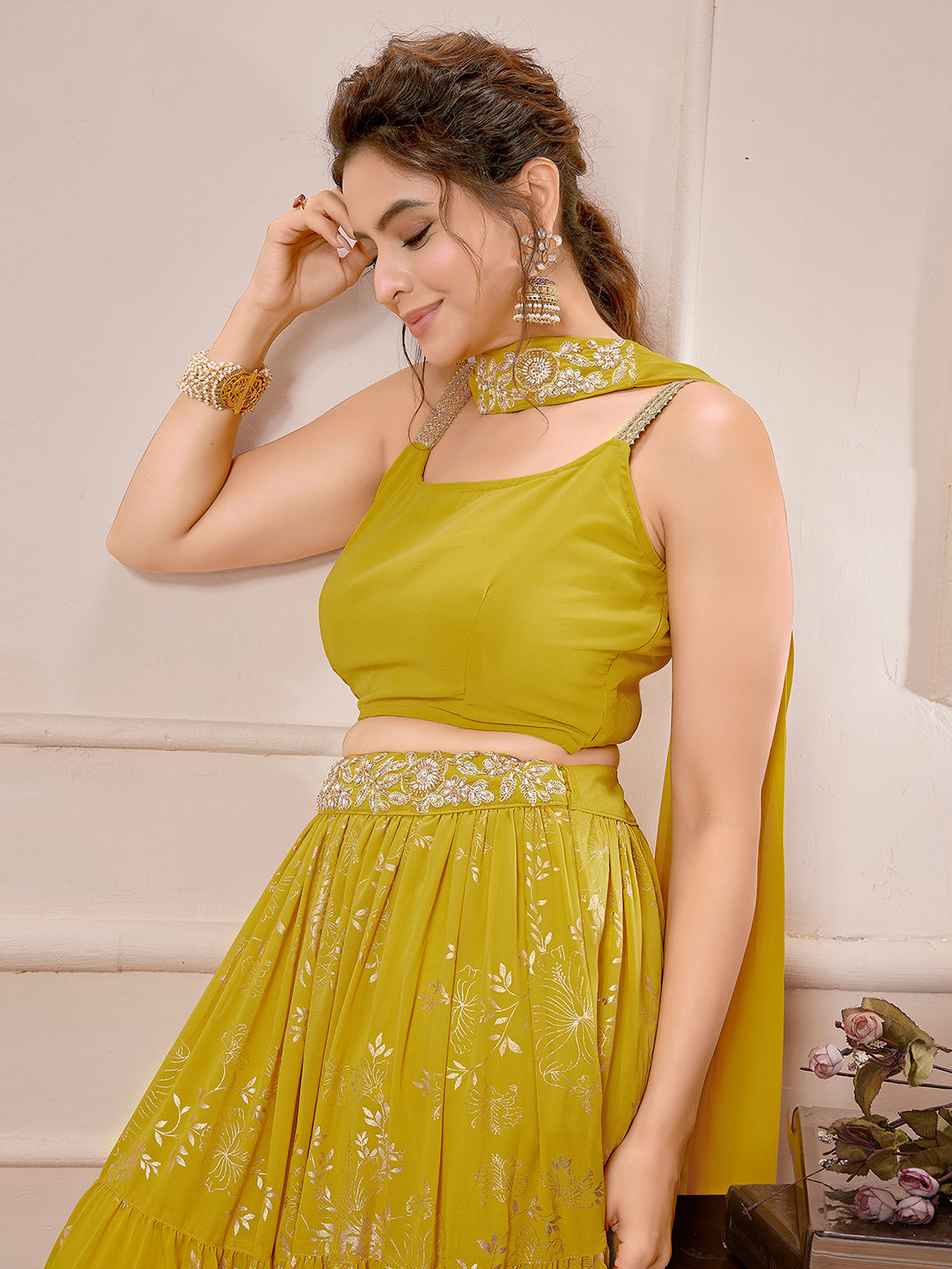 Yellow Georgette Embellished Foil Printed Tiered Lehenga Choli Set