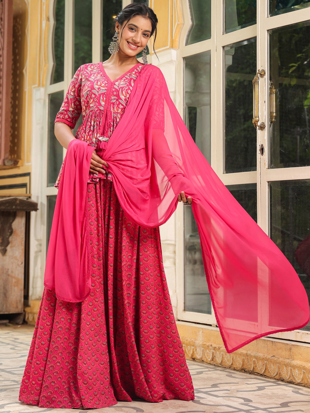 Pink Pure Cotton Floral Printed Lehenga Top with Dupatta Set