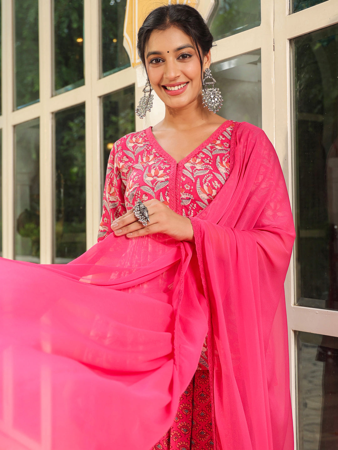 Pink Pure Cotton Floral Printed Lehenga Top with Dupatta Set