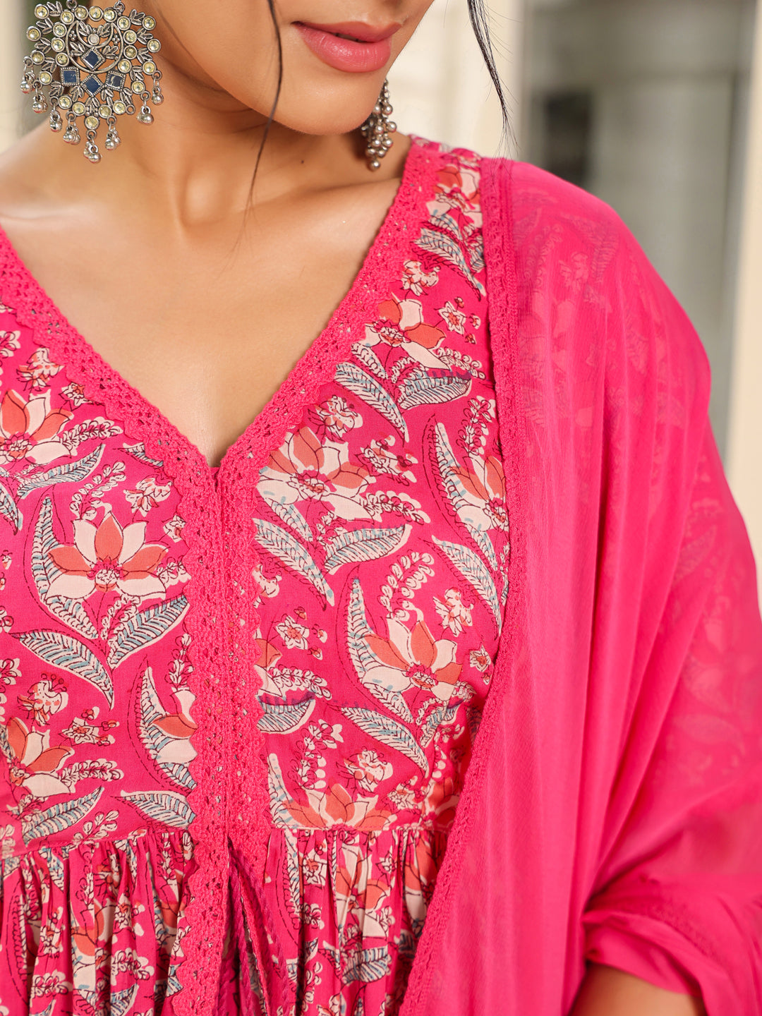 Pink Pure Cotton Floral Printed Lehenga Top with Dupatta Set