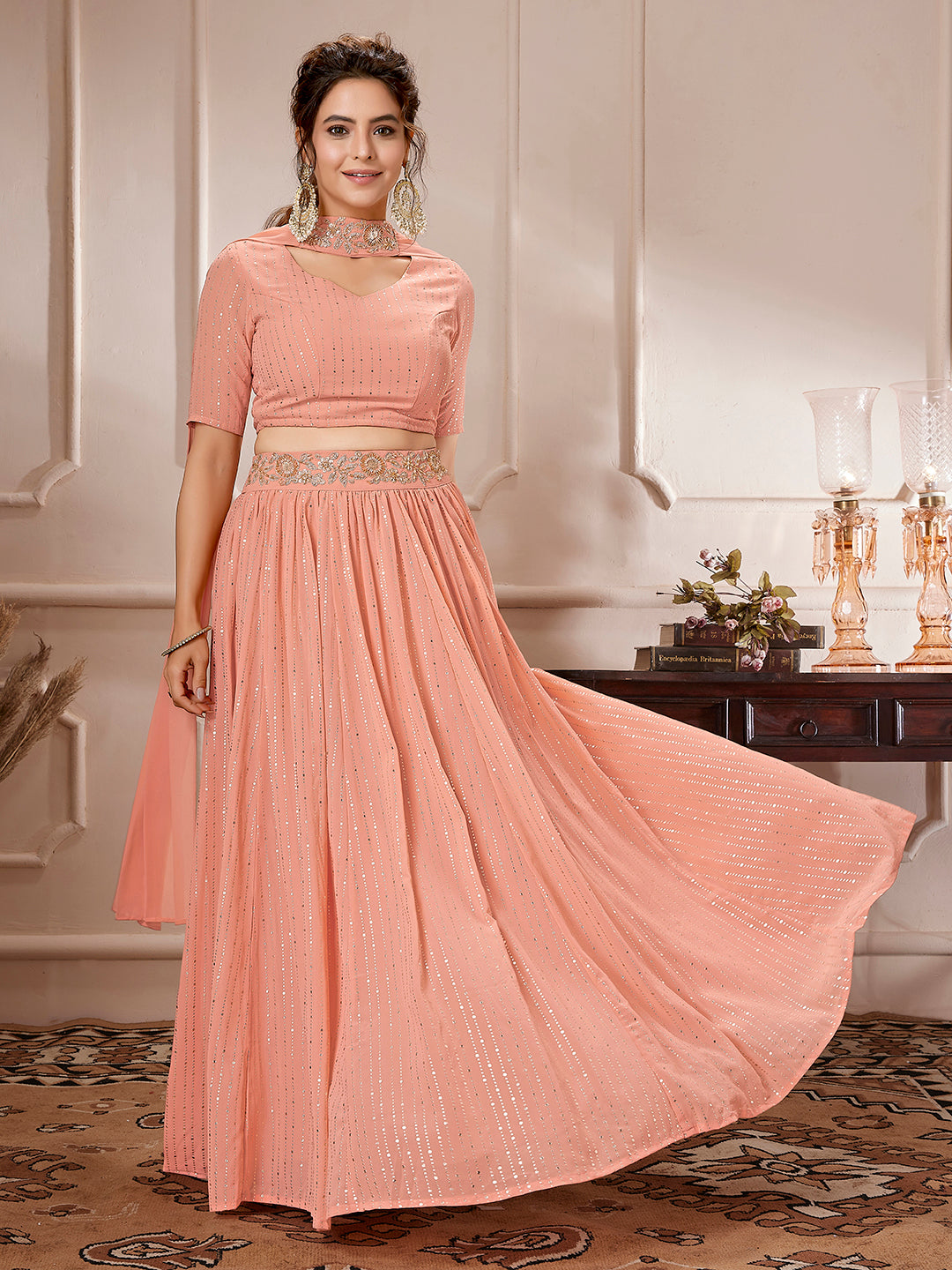Peach Georgette Foil Printed Gathered Embellished Lehenga Choli Set