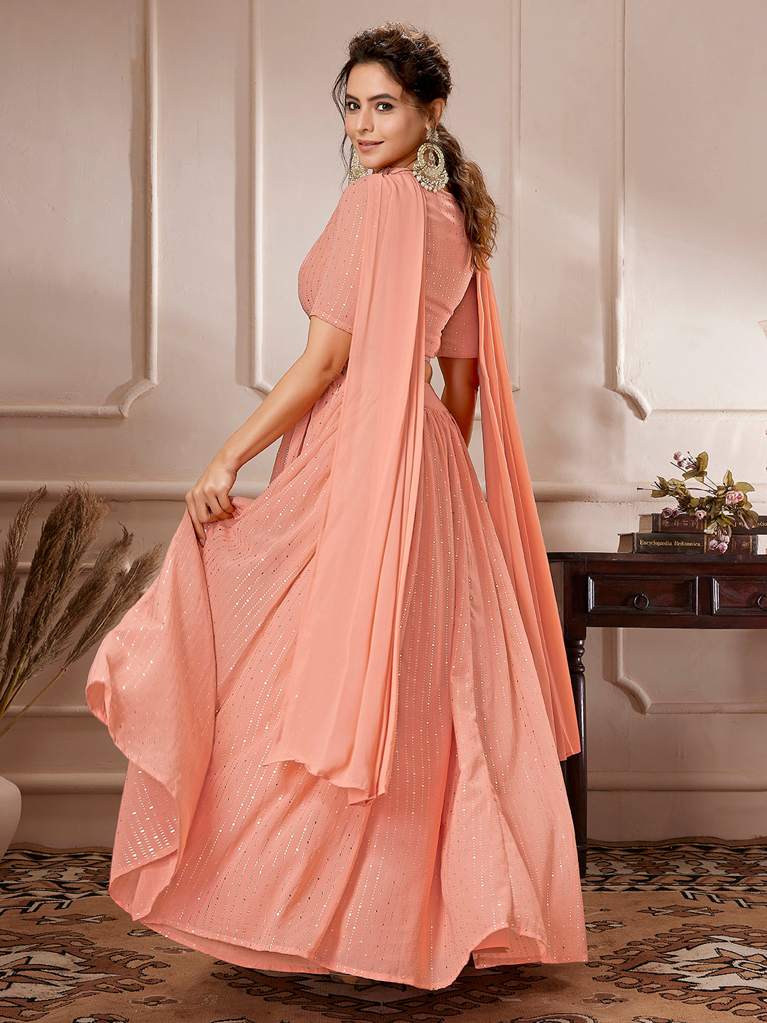 Peach Georgette Foil Printed Gathered Embellished Lehenga Choli Set