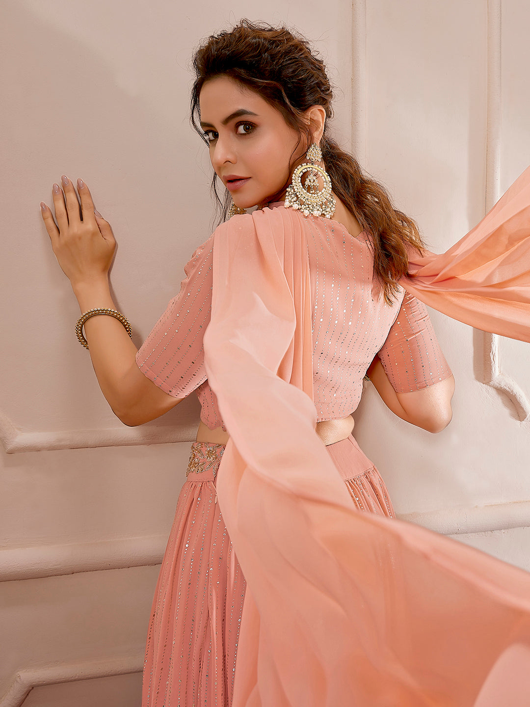 Peach Georgette Foil Printed Gathered Embellished Lehenga Choli Set