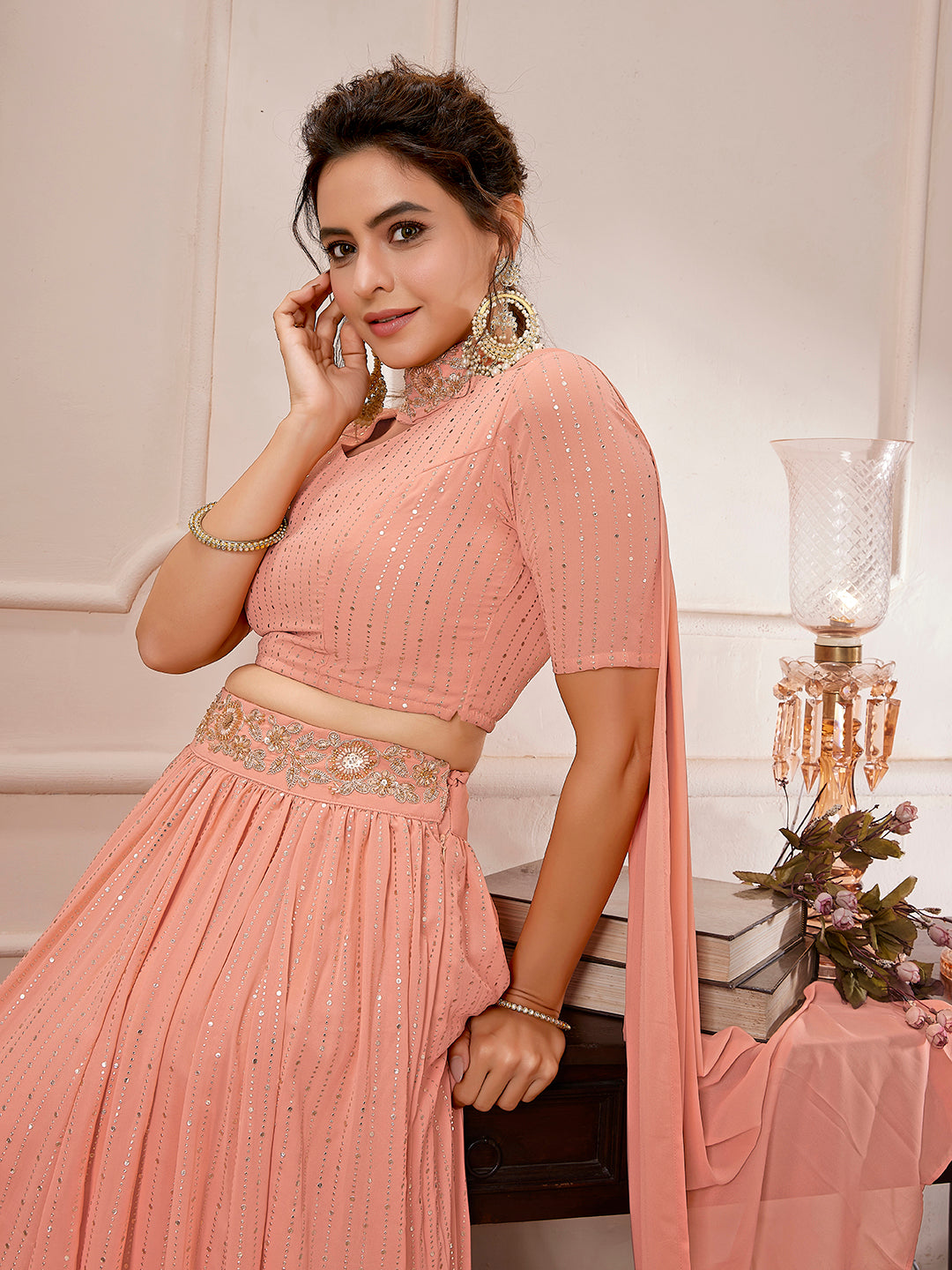 Peach Georgette Foil Printed Gathered Embellished Lehenga Choli Set