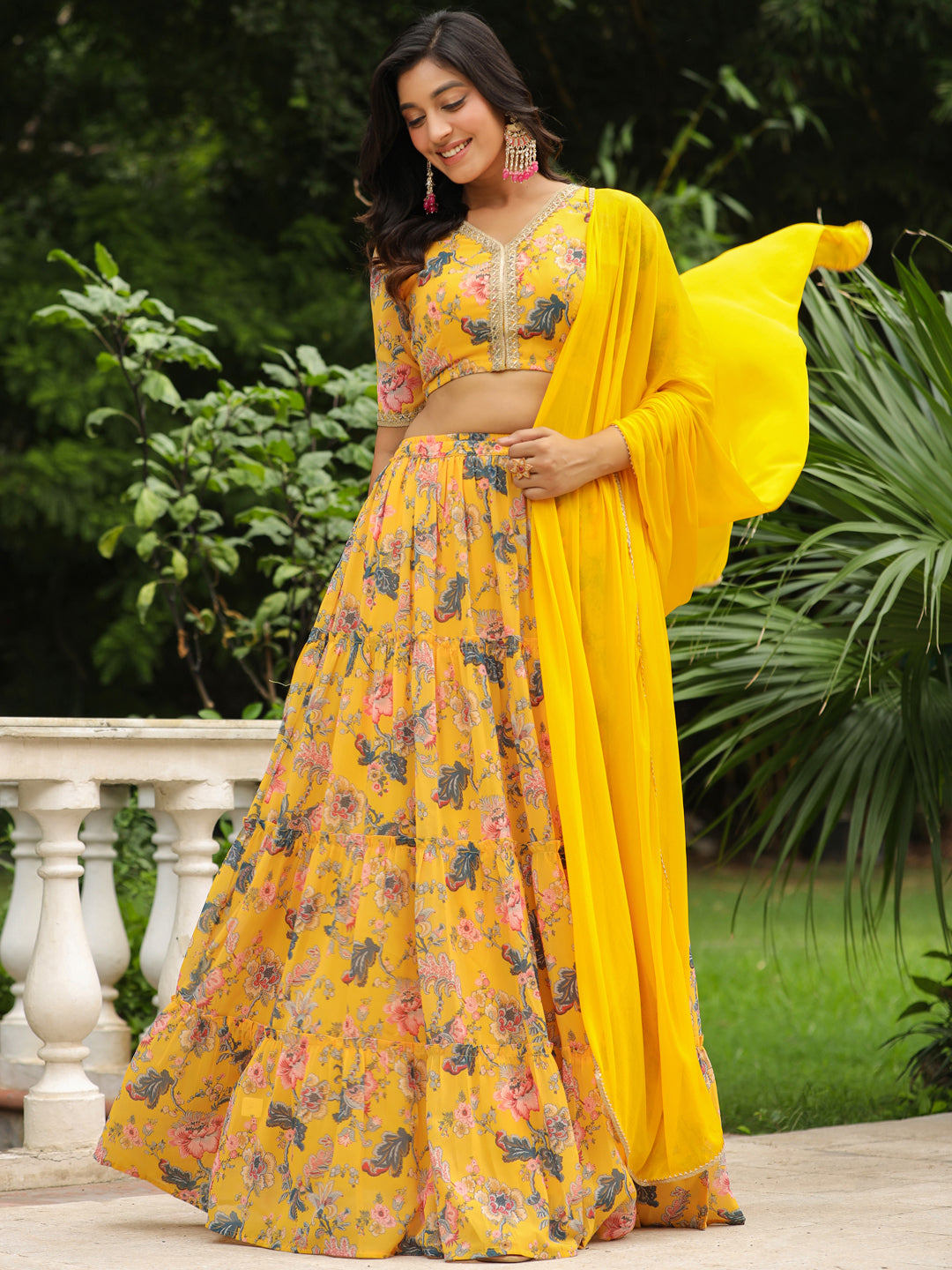 Yellow Georgette Floral Printed Tiered Lehenga Choli Set