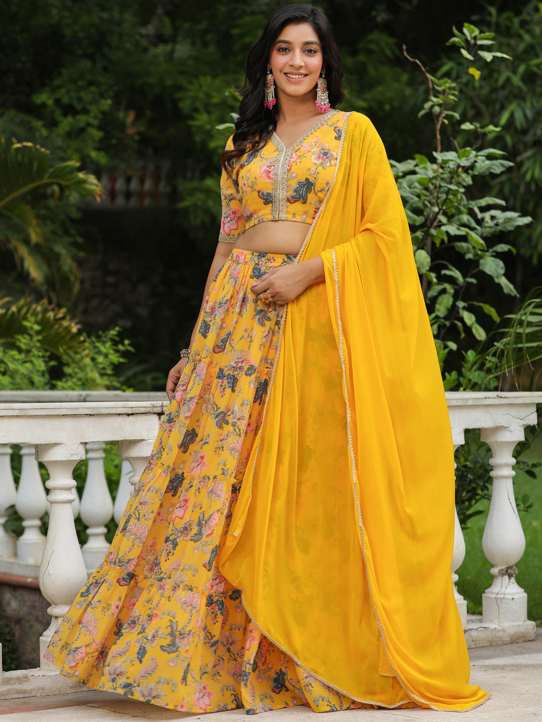 Yellow Georgette Floral Printed Tiered Lehenga Choli Set