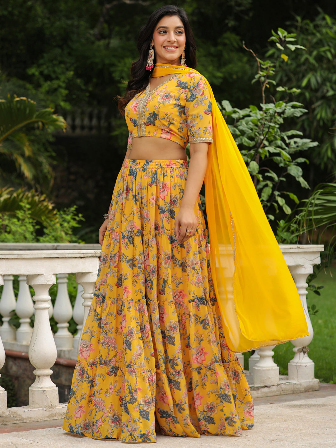 Yellow Georgette Floral Printed Tiered Lehenga Choli Set