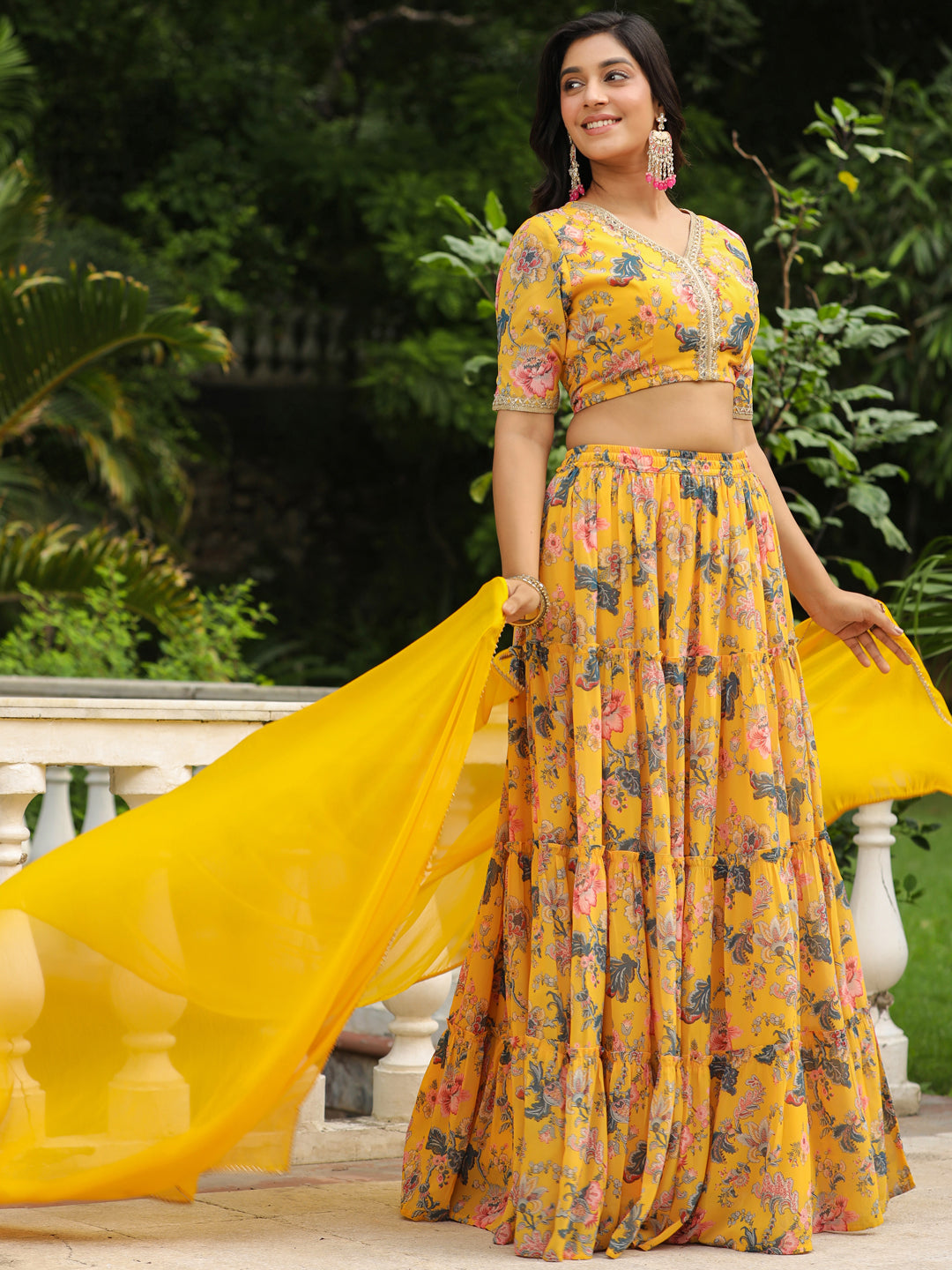 Yellow Georgette Floral Printed Tiered Lehenga Choli Set