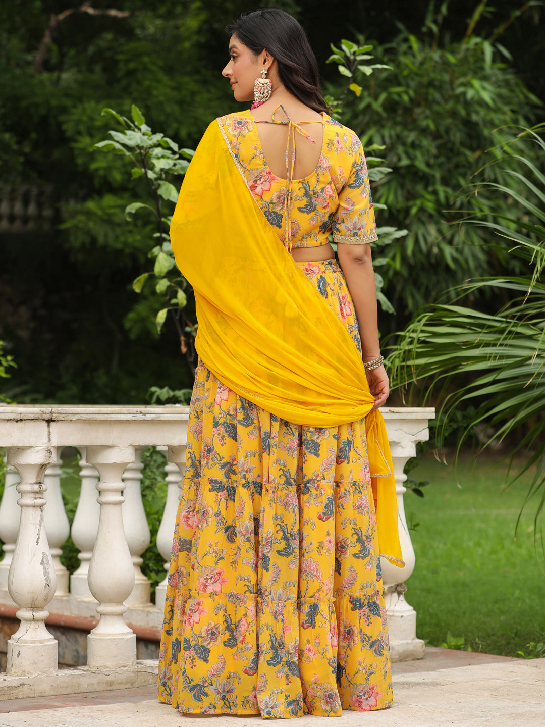 Yellow Georgette Floral Printed Tiered Lehenga Choli Set
