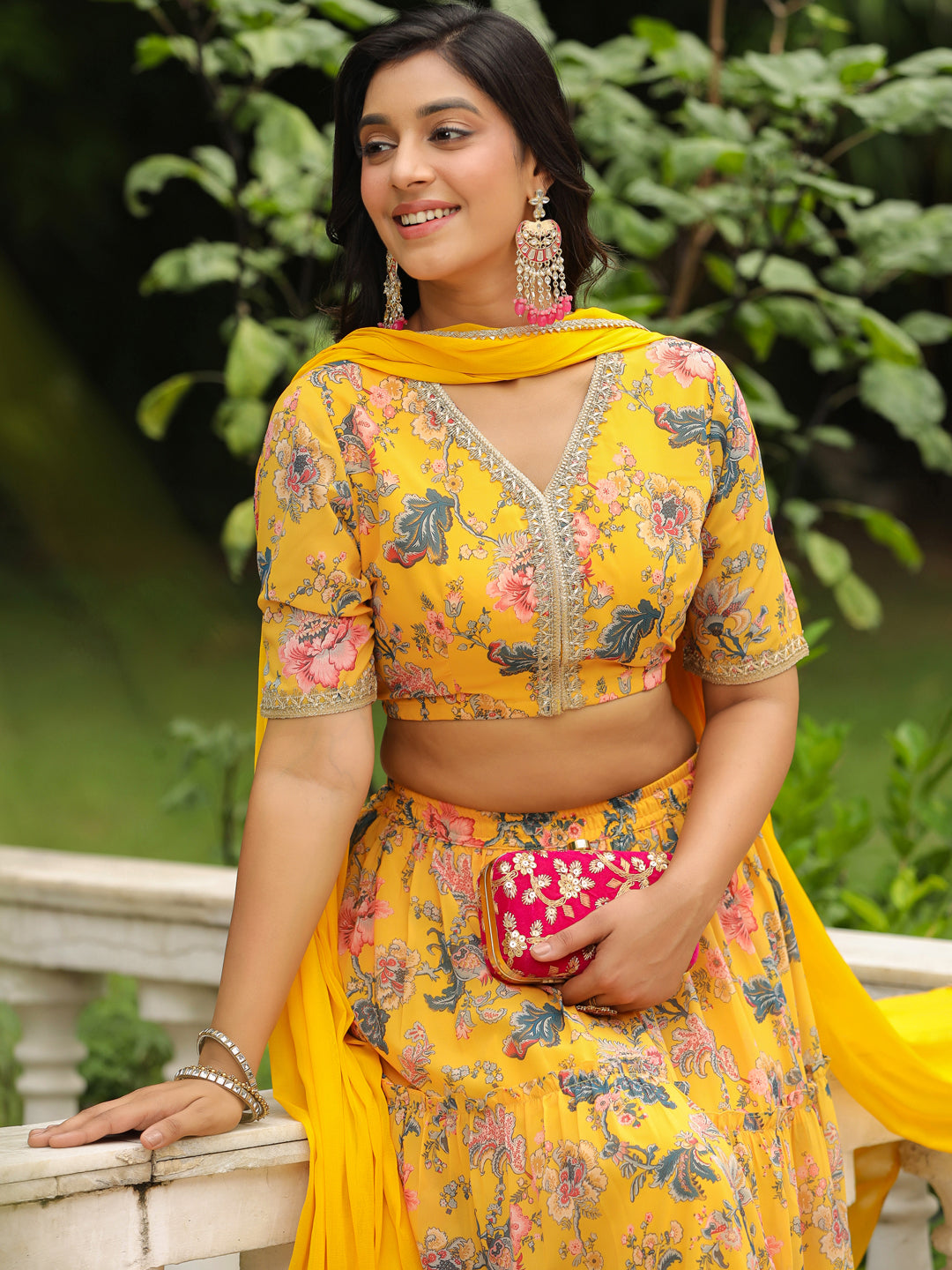 Yellow Georgette Floral Printed Tiered Lehenga Choli Set