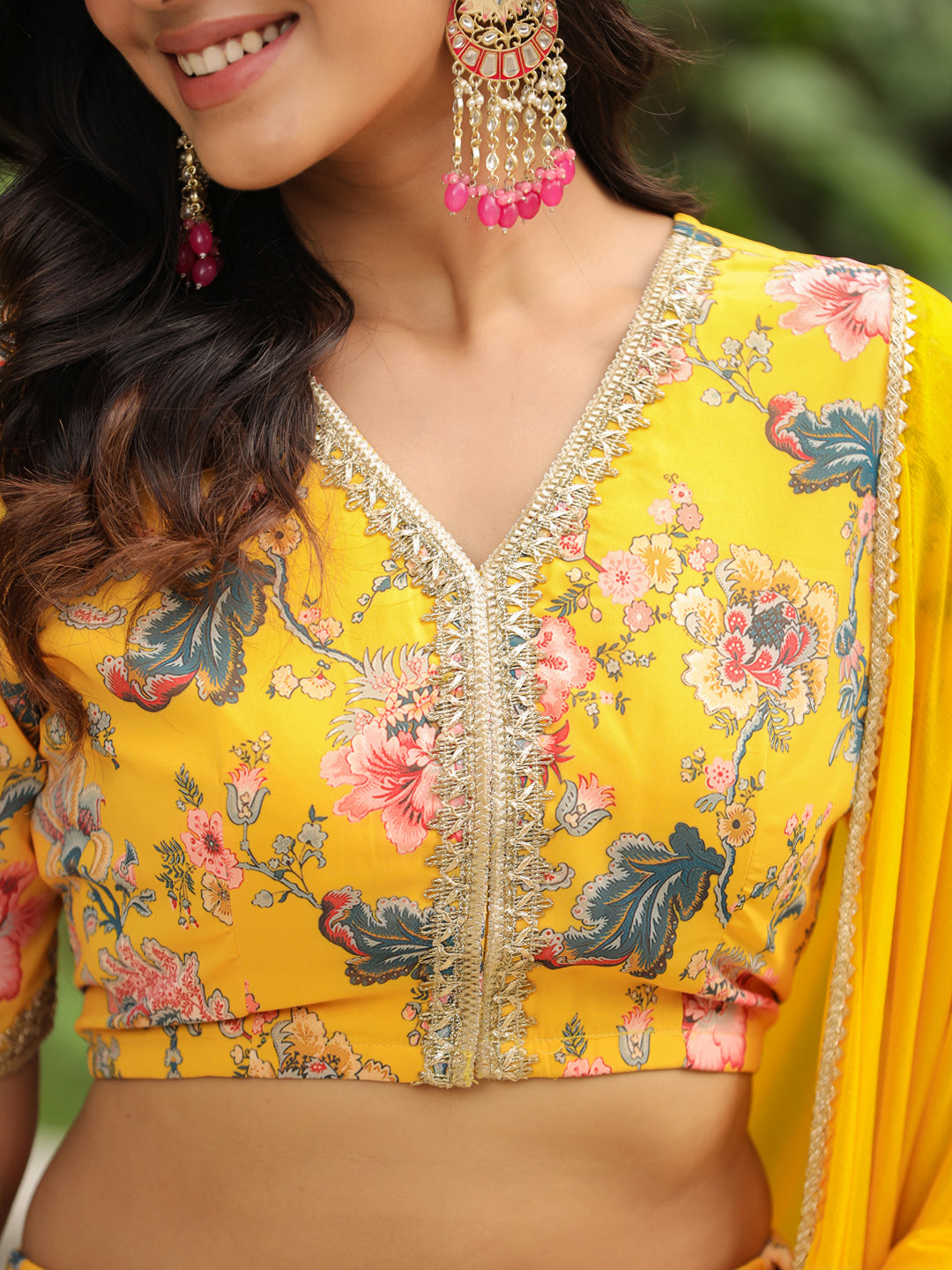 Yellow Georgette Floral Printed Tiered Lehenga Choli Set