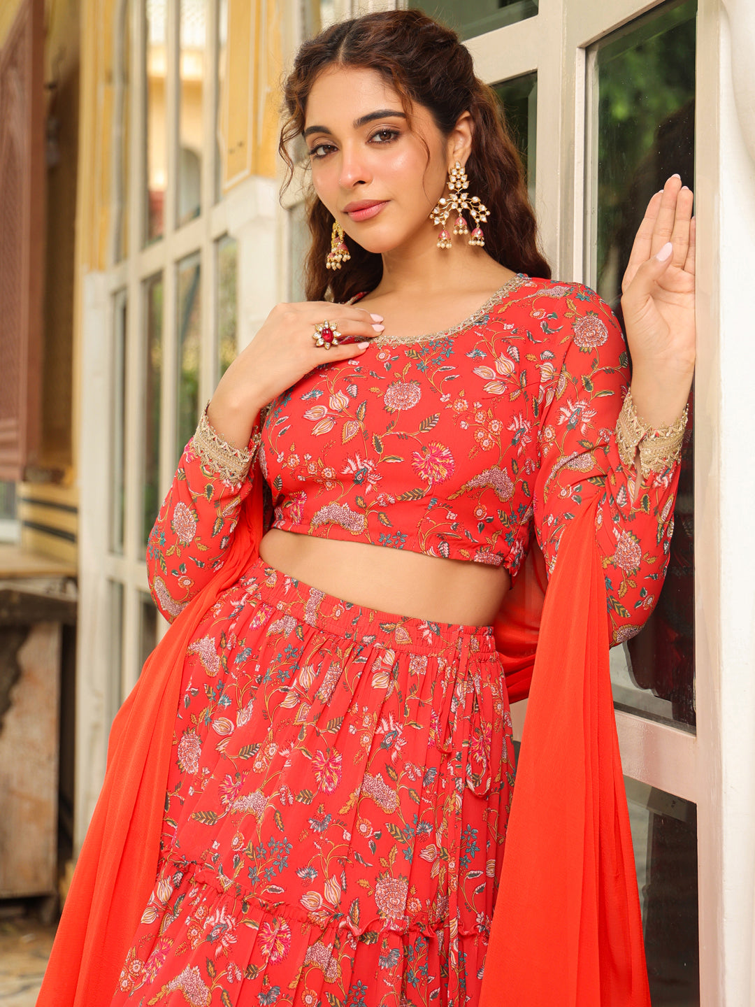 Red Georgette Floral Printed Tiered Lehenga Choli Set