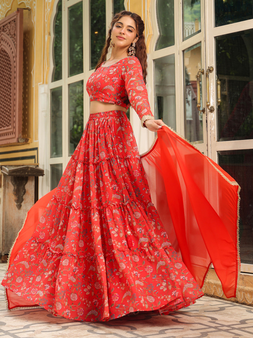 Red Georgette Floral Printed Tiered Lehenga Choli Set