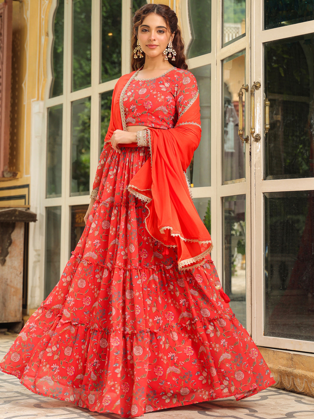 Red Georgette Floral Printed Tiered Lehenga Choli Set