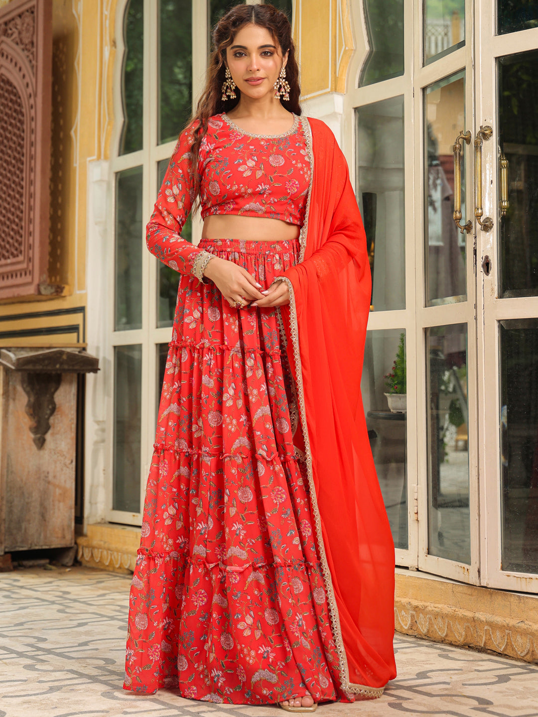 Red Georgette Floral Printed Tiered Lehenga Choli Set