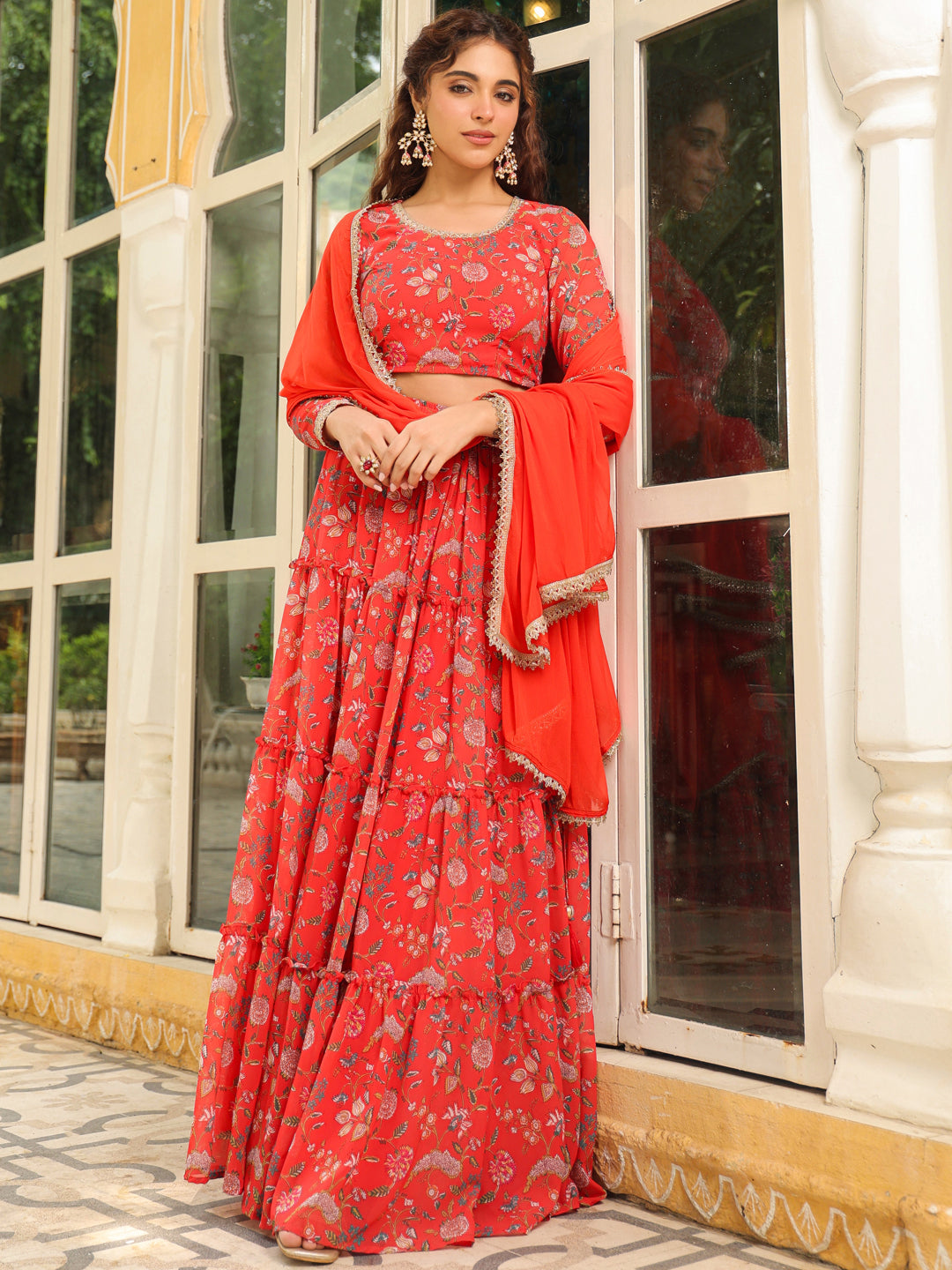 Red Georgette Floral Printed Tiered Lehenga Choli Set