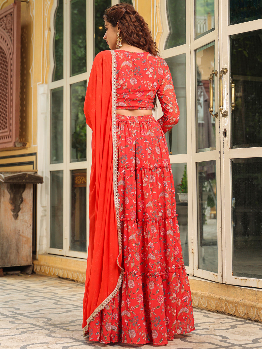 Red Georgette Floral Printed Tiered Lehenga Choli Set